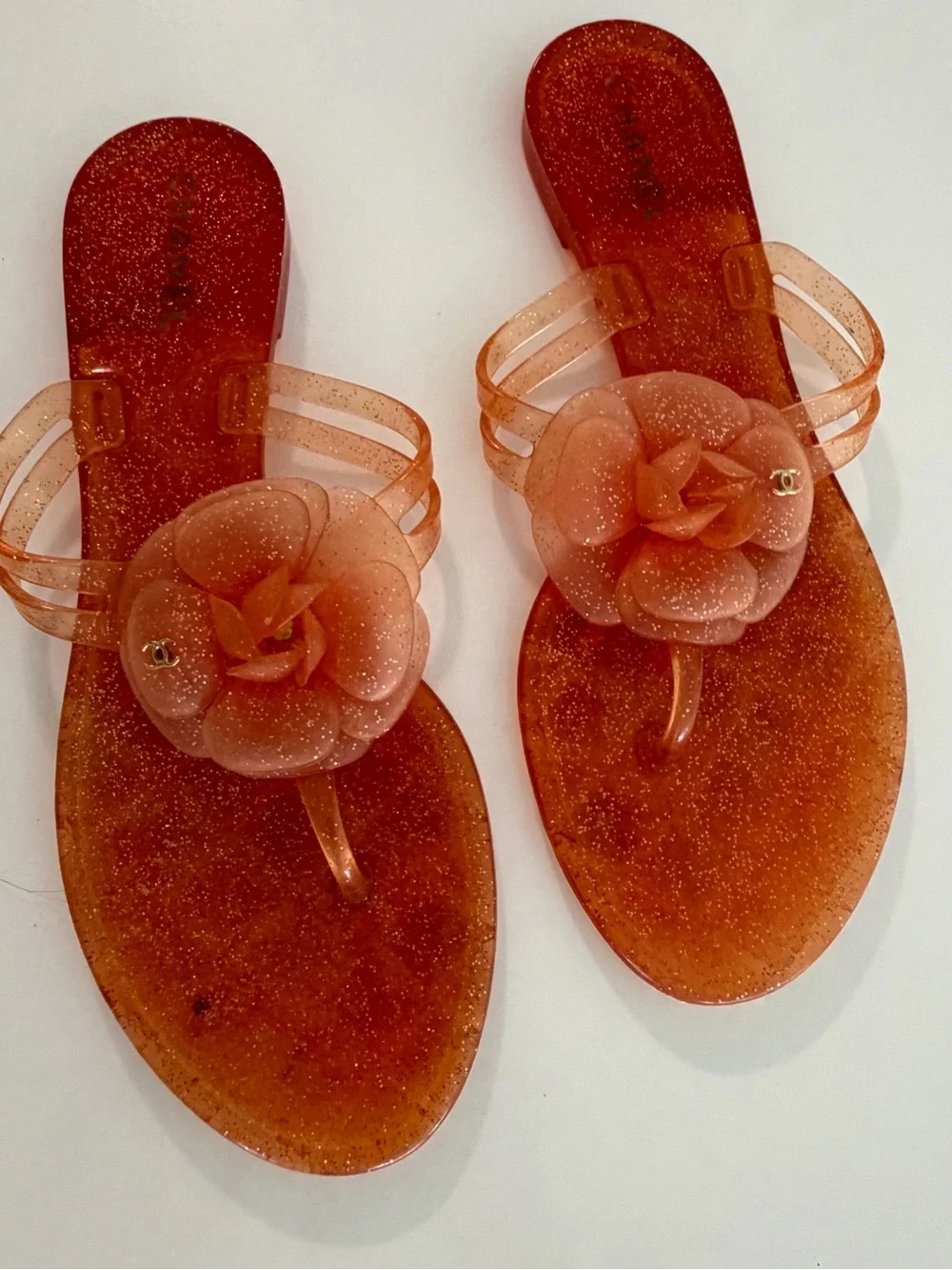 CHANEL Glitter Orange Jelly Multi-Strap Sandals